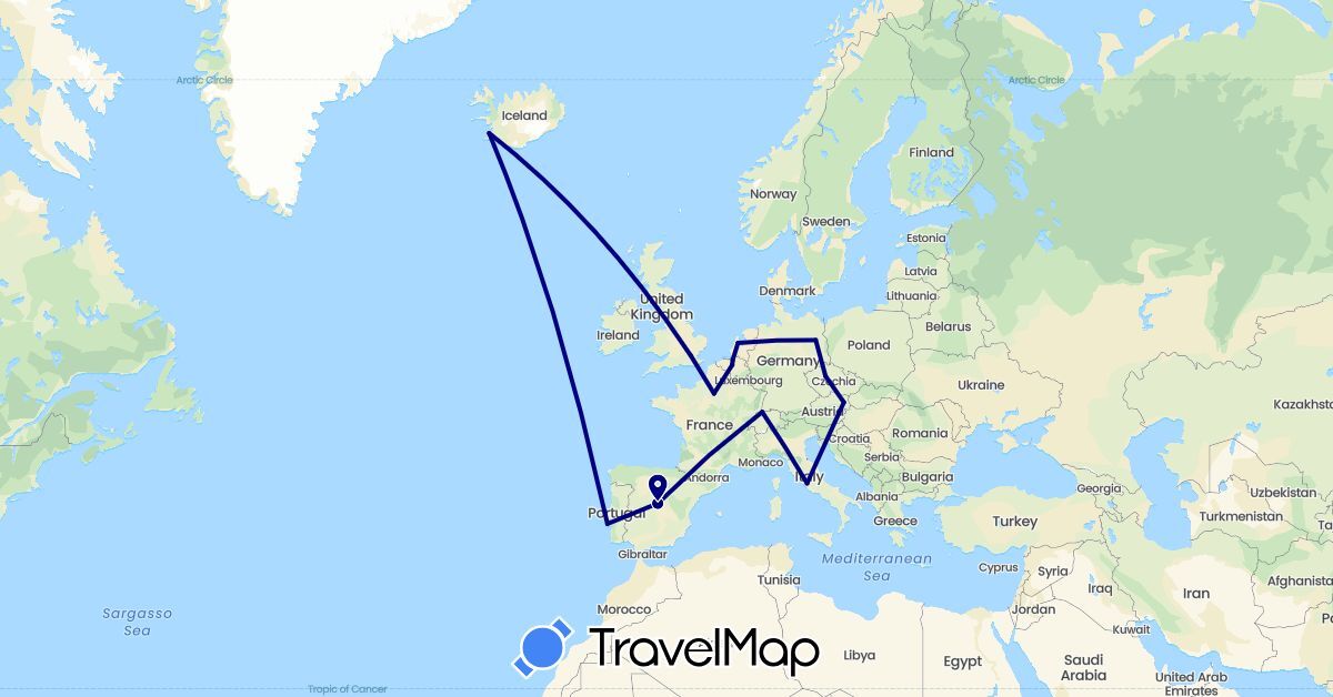 TravelMap itinerary: driving in Austria, Belgium, Switzerland, Czech Republic, Germany, Spain, France, United Kingdom, Iceland, Italy, Netherlands, Portugal (Europe)