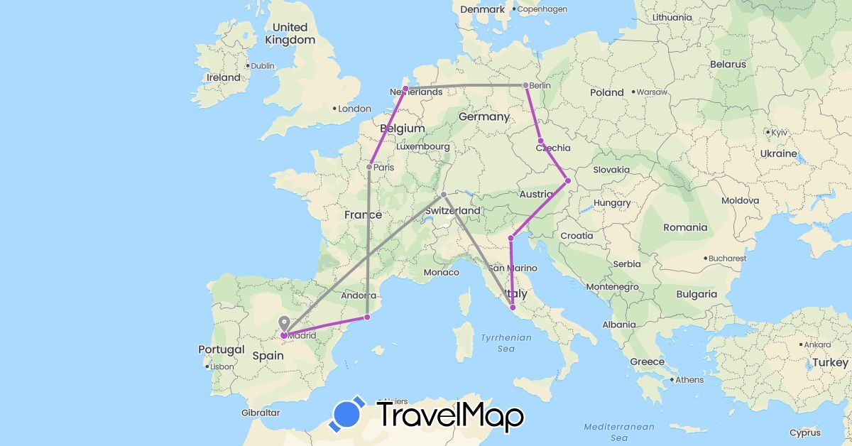 TravelMap itinerary: driving, plane, train in Austria, Switzerland, Czech Republic, Germany, Spain, France, Italy, Netherlands (Europe)